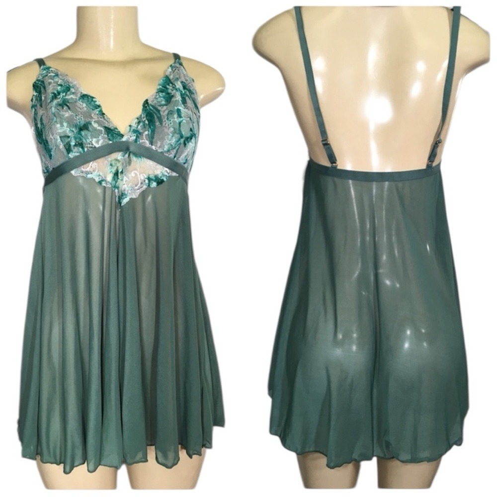 NEW French Affair Blue‎ Spruce Lace Mesh Babydoll Chemise Thong Set XL
